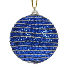 Glob Brad de Craciun, Spuma, Albastru cu Glitter, Diametru 8cm, Siret Auriu