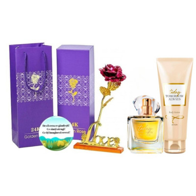 Set complet pentru Ea TTA Today (apa de parfum, lotiune de corp), insotit de insigna Dactylion cu mesaj motivational, cadou un trandafir rosu suflat l foto