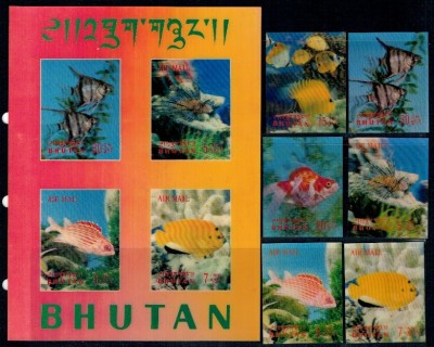 Bhutan 1969 - Pesti de acvariu, serie+colita 3D neuzata foto