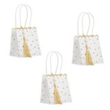 Set 3 Pungi Cadou din H&acirc;rtie Kraft Albă cu Buline Aurii și Fundiță Aurie, 10x7x11 cm, CMCLASS