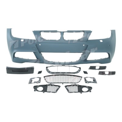 Set bara fata BMW Seria 3 (E90/E91), 11.2004-08.2008, cu gauri spalator si senzori parcare; grunduit, de vopsit; type M-Tech; cu grile inferioare; cu foto