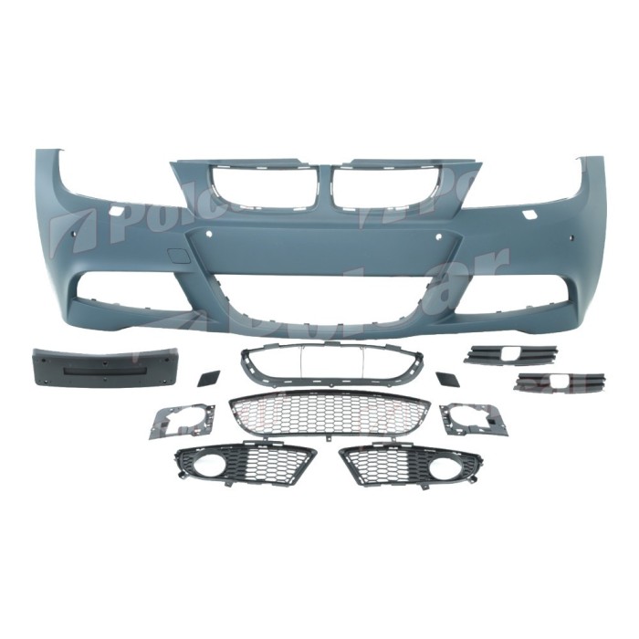 Set bara fata BMW Seria 3 (E90/E91), 11.2004-08.2008, cu gauri spalator si senzori parcare; grunduit, de vopsit; type M-Tech; cu grile inferioare; cu