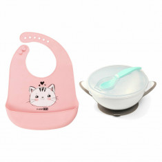 Set de hranire cu 2 piese, Baveta moale, Din silicon, BPA Free, Cu buzunar si castron Babyono cu ventuza si lingurita, Cat Pink/Grey