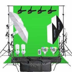 Kit studio foto video cu fundal verde chroma key, 2 softboxuri, 2 umbrele, 2 becuri fluorescente 45W 5500K si 2 becuri LED RGB 45W, suport 200 cm, gen