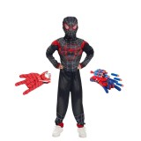 Costum Spiderman negru KidMania&reg; cu muschi si doua manusi lansator pentru copii 3-5 ani 90-110 cm