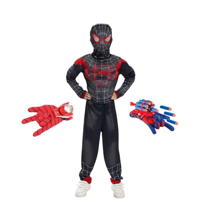 Costum Spiderman negru KidMania&reg; cu muschi si doua manusi lansator pentru copii 5-7 ani 110-120 cm
