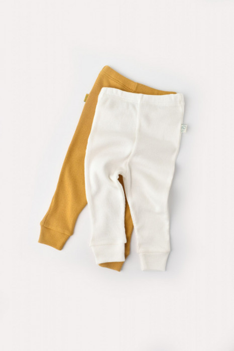 Set 2 pantaloni bebe unisex din bumbac organic si modal - Mustar/Ecru, BabyCosy (Marime: 6-9 luni)