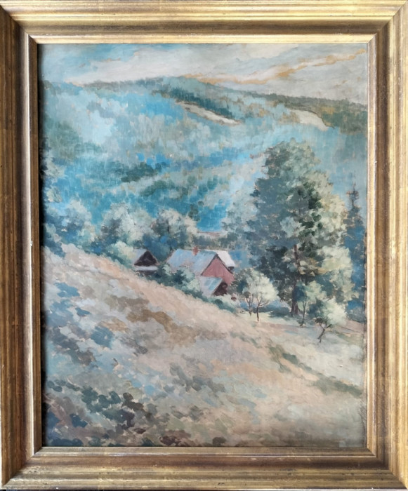 Peisaj montan cu case, semnat şi datat 1970 - pictură pe h&acirc;rtie