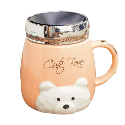 Cana din ceramica cu capac Pufo Cute Bear pentru cafea sau ceai, 350 ml, portocaliu foto