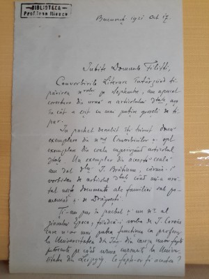 Autograf: BELDIMAN către I. Filitti. foto
