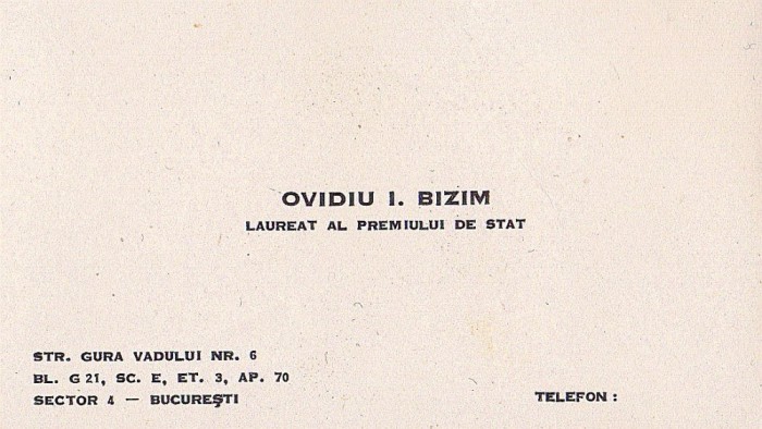 A3104N Carte de vizită Ovidiu Bizim, laureat al Premiului de Stat, cu nota sa olografă, 1975