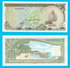 Maldive (p#9) 2 Rufiyaa 1983 UNC &amp;#039;Plaja&amp;#039; serie: B200561 foto