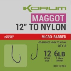 Carlige Legate Korum Xpert Maggot Barbed Hooks to Nylon Nr.12, 30cm, 0.19mm, 6lb, 8buc/pac foto