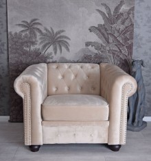 Fotoliu Chesterfield din lemn masiv cu tapiterie din catifea bej FHA083