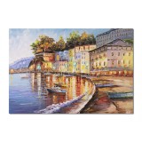 Tablou pictat manual living - Seara in port, stilizat - 100x70cm ulei pe panza in cutit efect 3D