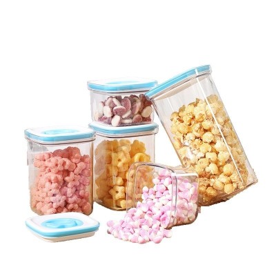 Set 5 Cutii de Depozitare pentru Bucatarie, Cyrax, 2 x 600ml, 2 x 1.3L, 1 x 2L, din ABS+PET+Silicon, Capac Alb/Albastru, 23 x 10 x 10 cm, Transparent foto