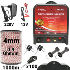 Kit pachet gard electric 14 Joule 12 220V fir 1000m 100 izolatori (BK87613-1000-4mm) foto