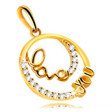 Pandantiv din aur galben de 14K - inel cu o inscripție decorativă &bdquo;love you&rdquo;, diamante
