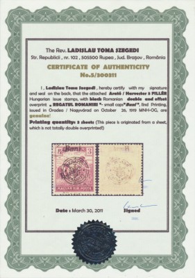 Oradea 1919 eroare 3 Bani seceratori MP sursarj dublu cu atest Szegedi L. MNH foto