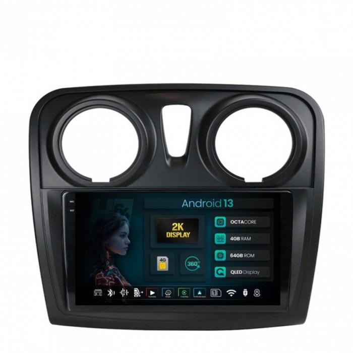 Navigatie 2K Dacia Logan Sandero 4GB RAM Android 13 Octacore Slot Sim 4G DSP GPS Wi-FI Carplay Android Auto USB Bluetooth Waze Touchscreen 9.5 Inch