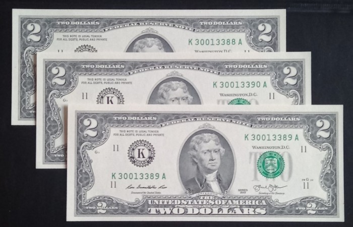 S.U.A., 3 X 2 Dolari 2013, UNC, Consecutive.