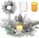 Coronita de Craciun cu lumanare Led si suport Oairse, lemn/sticla/plastic, alb/verde/maro, 46 cm