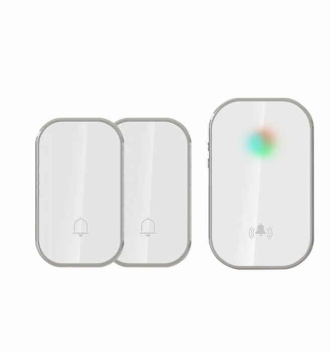Sonerie fara fir si fara baterie 2 transmitatoare - comutator cinetic (2 butoane) si 1 receptor alb ( 1 sonerie) la priza , IP44