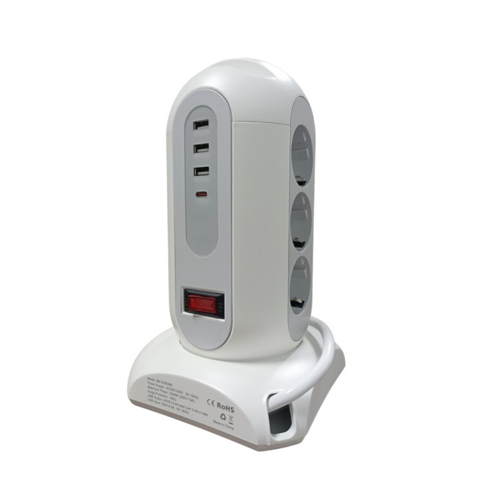 Prelungitor Vertical cu 4 USB, 1 Type-C Fast Charger si 9 Prize, Alb