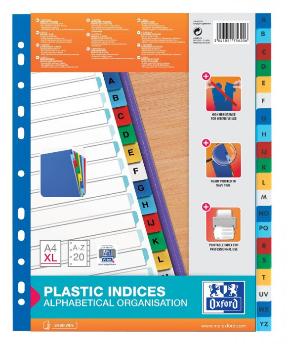 Index Plastic Color Alfabetic A-z, A4 Xl, 120 Microni, Oxford
