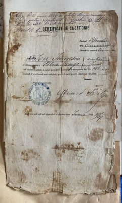 ,,OFICIERUL STAREI CIVILE BUCURESCI&amp;quot;CERTIFICAT DE CASATORIE 1875 foto