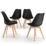 Set 4 buc, Scaune Stil Scandinav, cu Picioare din Lemn de Fag, Sezut din PP si Perna din Piele Ecologica, 49 x 43 x 82 cm, Negru