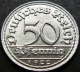 Moneda istorica 50 PFENNIG - IMPERIUL GERMAN, anul 1922 * cod 2292 - litera D - UNC
