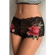 GS605-1 Boxeri sexy din dantela florala si trandafir din broderie in relief