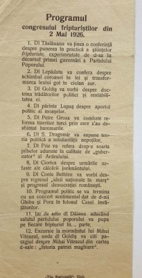 AFIS: Fluturaș politic: Programul Congresului fripturiștilor din 1926 dela Cluj foto
