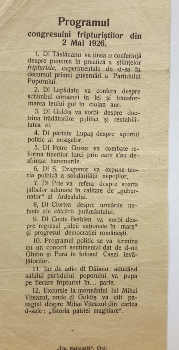 AFIS: Fluturaș politic: Programul Congresului fripturiștilor din 1926 dela Cluj