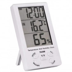 Termometru si higrometru, ceas cu alarma digital, cu senzor, de culoare alb foto