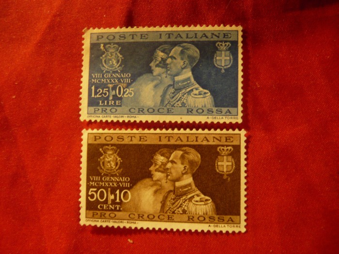 2 Timbre Italia 1932 Aniversare Incoronare Printii Belgiei , fara guma