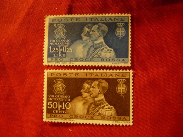 2 Timbre Italia 1932 Aniversare Incoronare Printii Belgiei , fara guma