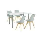 Set masa Midori 4 1 gri Leziter 140x80cm, blat sticla securizata, picioare fag, 4 scaune gri PP/PVC, design modern