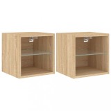 Cumpara ieftin Comode TV de perete cu lumini LED 2 buc. stejar 30x28,5x30 cm