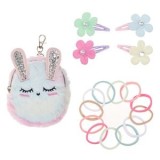 Set accesorii par copii, Poseta Iepuras cu Blana Artificiala, 4 Clame Flori si 12 Elastice, 17 buc, Multicolor, CMCLASS