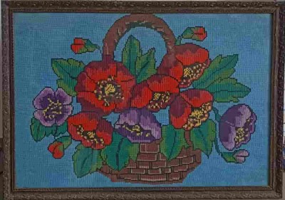 TABLOU TEXTIL CUSUT, TIP GOBLEN. COS CU FLORI-239908 foto
