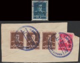 1945 Romania, Emisiunea Tg. Mures fragm stampila provizorie + Mihai 16l circulat, Istorie, Stampilat