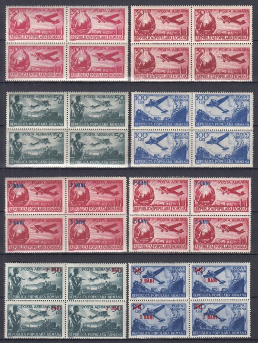 ROMANIA 1948/1952 LP 244 LP 267 LP 319 LP 319 a POSTA AERIANA+POSTA AERIANA SUPRATIPAR SERII IN BLOC DE 4 TIMBRE STARE MNH