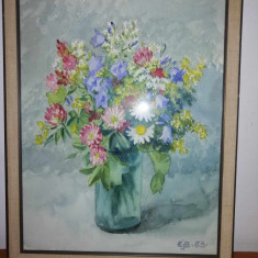 Tablou acuarela vaza buchet de flori florala semnat datat 1963 rama lemn