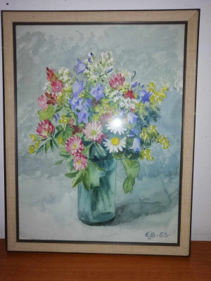 Tablou acuarela vaza buchet de flori florala semnat datat 1963 rama lemn foto