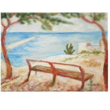 E61. Tablou, Banca de la malul marii, reinterpretare Tonitza, neinramat, 24x18cm, Marine, Acrilic, Impresionism, RavariuArt