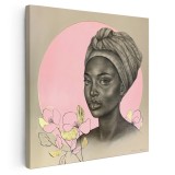 Tablou portret carbune femeie africana cu turban si flori, roz 1323 Tablou canvas pe panza CU RAMA 40x40 cm