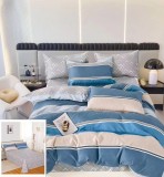Cumpara ieftin Lenjerie Pat Larisa Sf039, Bumbac, 4 Piese, Fara Elastic, Albastru, Gri