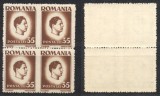 ROMANIA 1945 uzuale inflație Regele Mihai I timbru 35 lei bloc de 4 cu erori perechi orizontale nedantelate la mijloc MNH